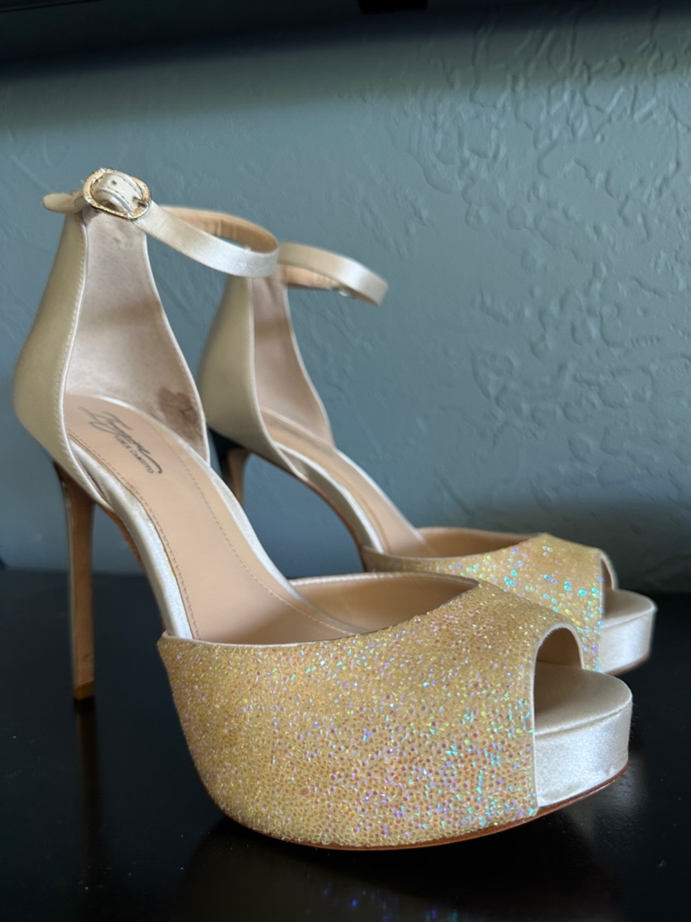Vince Camuto Gold Glitter Ankle-Strap Platform Heels